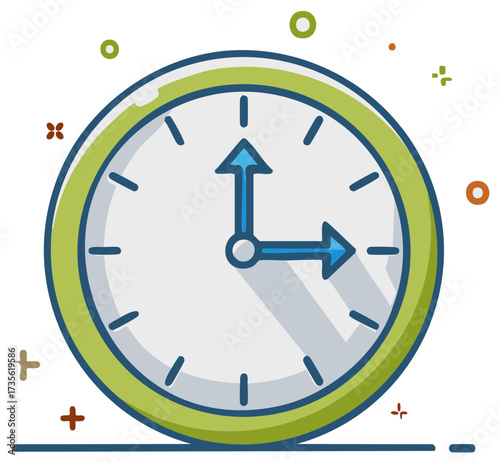 Illustrated clock face showing the time with green and blue elements.
