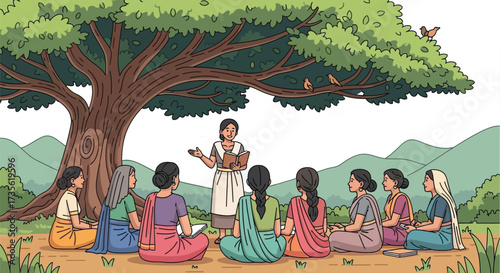 Women gather under a large tree for an outdoor educational lesson today