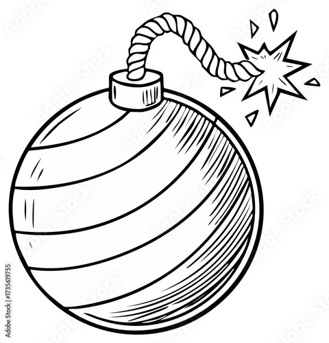Black and white illustration of a round bomb with a burning fuse and a starburst effect