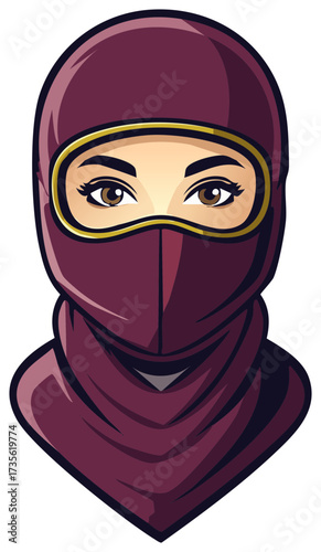 Woman Face Illustration with Eye Mask and Burgundy Hooded Costume Detailed Design