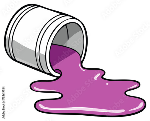 Tipped over can spilling messy purple paint cartoon illustration