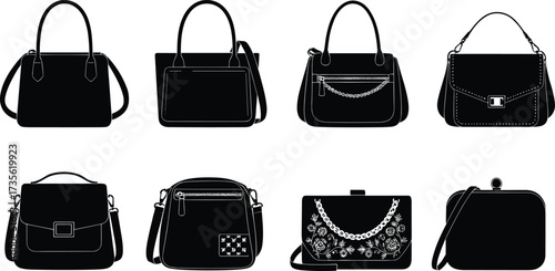 Vector collection of elegant handbags, stylish purses, clutch bags, embroidered evening handbags, fashion accessories, women tote and shoulder bag design