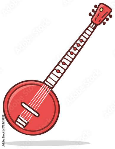 Red Banjo Isolated Musical Instrument Illustration with Strings and Fretboard for Music Design Project