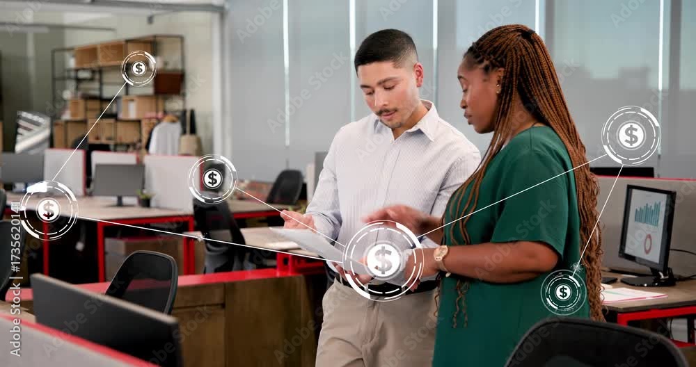 Man presenting financial report while animated dollar icons emerging ...