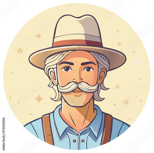 Stylized illustration of a man with a large mustache wearing a hat and suspenders