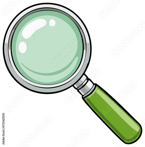 Green handled magnifying glass close up with shiny lens and metal frame