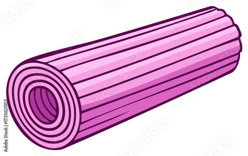 Rolled pink yoga mat with purple stripes and a textured surface