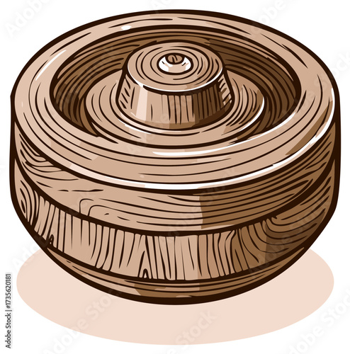Detailed Wood Carving Vector Illustration of Handcrafted Toy Top, Spinning Wood Toy