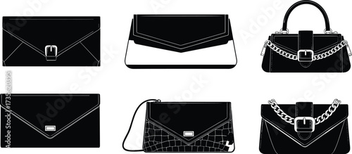 Vector illustration of clutch bags, chain handbags, evening purses, modern women accessories, stylish leather clutches, elegant fashion handbag collection