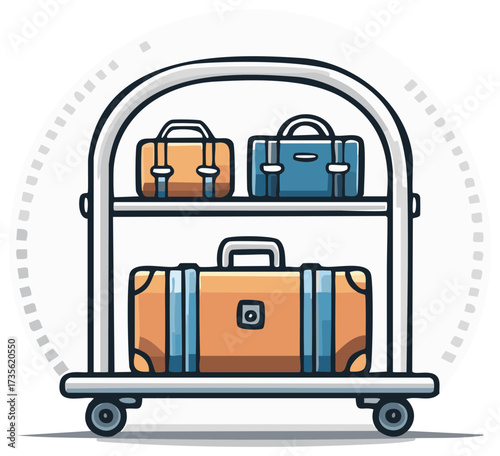 Illustration of a bellhop luggage cart with suitcases hotel travel theme