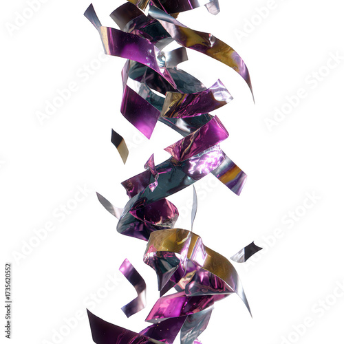 Metallic Purple and Silver Confetti Cascading on Transparent Background with Holographic Effect Ideal for Festive Celebrations Events and Creative Design Projects