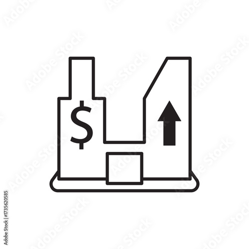 Line icon of a building with dollar signs and an upward arrow, symbolizing property value growth. Ideal for illustrating real estate investment, market rise, financial gain, and economic development.