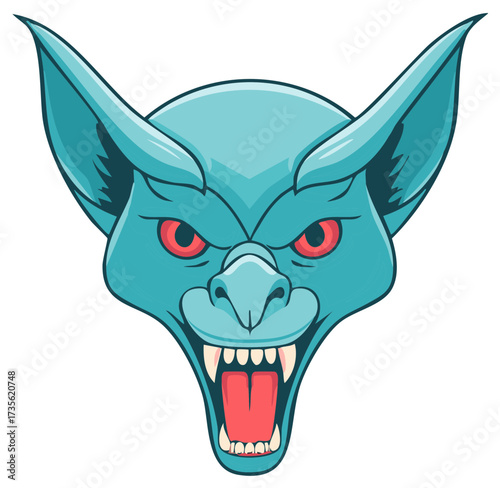 Cartoon illustration of a teal color stylized monster head with red eyes