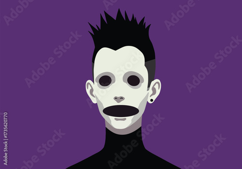 A flat illustration of a stylized, pale-faced person with dark hair and a black turtleneck.