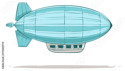 Cartoon blue dirigible airship with gondola and fins flying against white background