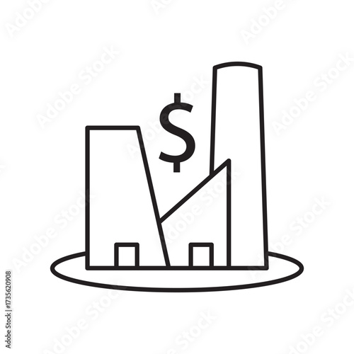 Line icon of a cityscape with a dollar sign and bar graph, symbolizing economic growth. Ideal for illustrating urban development, market prosperity, business success, and financial stability.