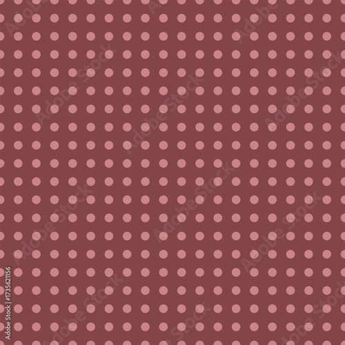 A seamless vector pattern featuring dusty pink polka dots arranged on a muted red grid background. Great for elegant packaging and soft textile designs.