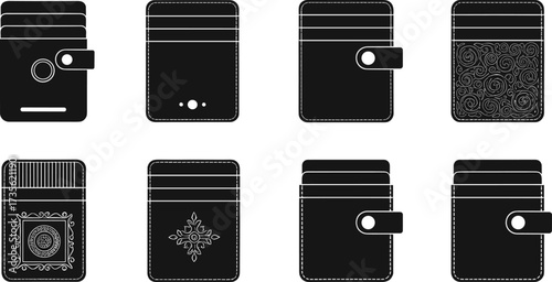 Vector illustration set of slim wallets and card holders, minimalist leather design, modern pocket accessories for men and women