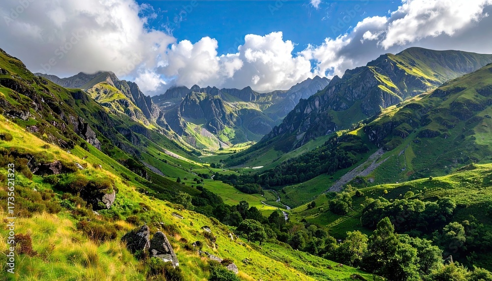 Naklejka premium Dramatic Mountain Valley View with Green Slopes and Cloudy Sky under Bright Sunlight