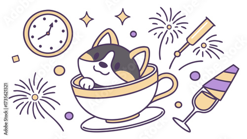 Playful Playful Shiba inu design, styled with in a teacup and New Beginnings shades in a New Year's Eve/Day setting