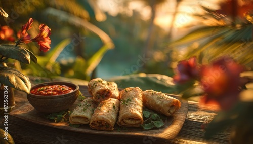 Delicious Spring Rolls with Spicy Dipping Sauce in a Tropical Setting.
