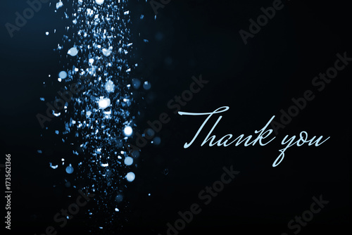 Thank you card design with words and falling glitters against black background, bokeh effect