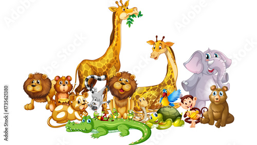 A cute baby animal set of a lion, giraffe, and elephant in a jungle illustration vector art
