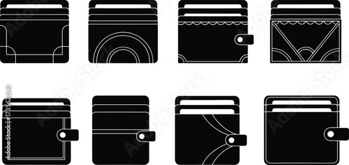 Vector set of slim wallets and card holders with geometric minimalist design, modern pocket accessories, leather style for men and women