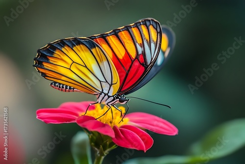 Fototapeta Naklejka Na Ścianę i Meble -  A vibrant, multicolored butterfly delicately perched on a bright pink flower, a breathtaking moment of nature's artistry with sharp focus and blurred background.