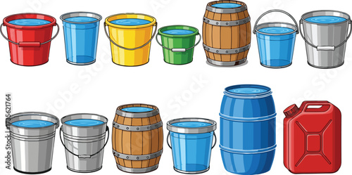 Illustration of collection of various buckets, barrels, and jerrycans filled with water isolated on white background