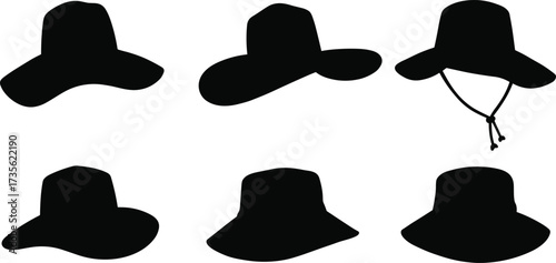 Wide brim hat collection, cowboy hats, summer sun hats silhouette set, stylish fashion headwear, outdoor accessories for beach, travel, and protection