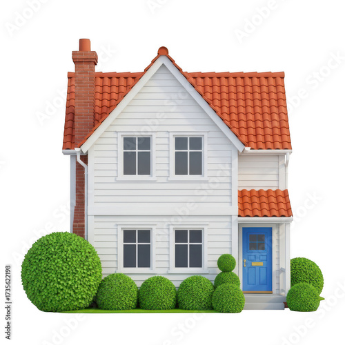 Charming detached house with red tiled roof and manicured green shrubs perfect for real estate.