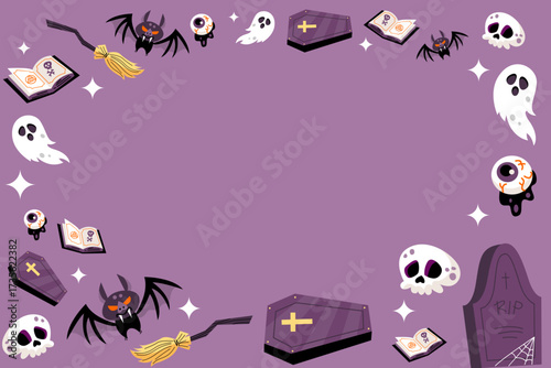 Halloween purple background frame with cute spooky elements like ghosts, bats, coffins, skulls, spell books, and gravestones.