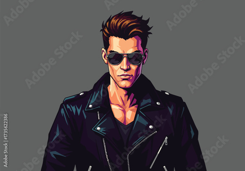 Illustrated man with sunglasses and leather jacket, looking directly at the viewer, against a gray background.