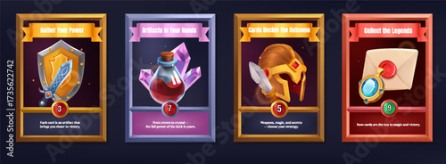 Vertical Fantasy RPG Game Cards Featuring Potions Weapons and Magical Crowns