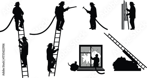 Firefighter silhouette, emergency response, ladder rescue, hose spray, window break, fire tools, teamwork, danger, training, safety gear, black and white illustration