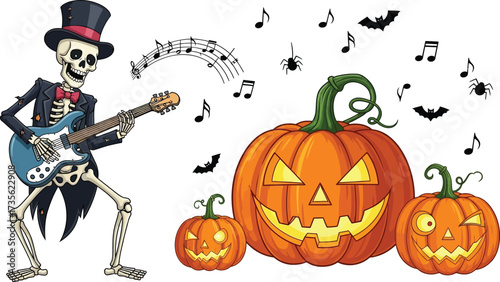 Cartoon skeleton plays guitar with pumpkins bats and music notes for halloween