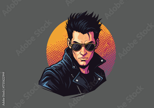 Stylish man with sunglasses and leather jacket against a halftone gradient circle.