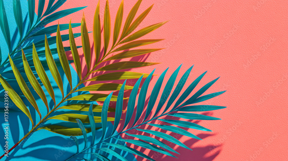 Naklejka premium Palm leaves in vibrant colors against a contrasting background creating a tropical vibe