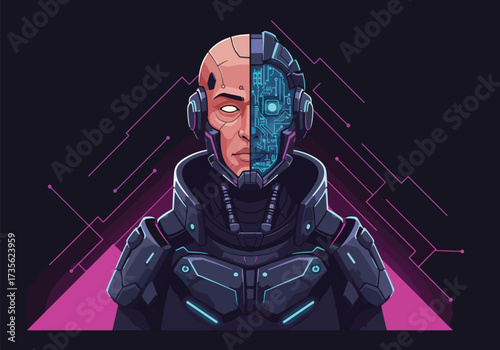 Digital illustration of a cyborg figure, half human face, half robotic, wearing futuristic armor against a dark background with geometric lines.