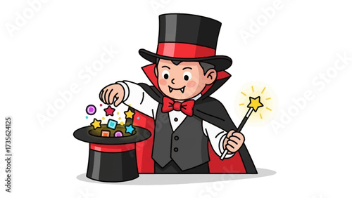 Fotografía Enchanting Illusion: A young magician, with a flair for showmanship, conjures a spellbinding spectacle, pouring glittering stars and spheres from his top hat with his magic wand