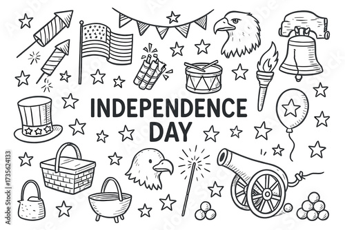 Independence day doodle art with patriotic symbols and icons