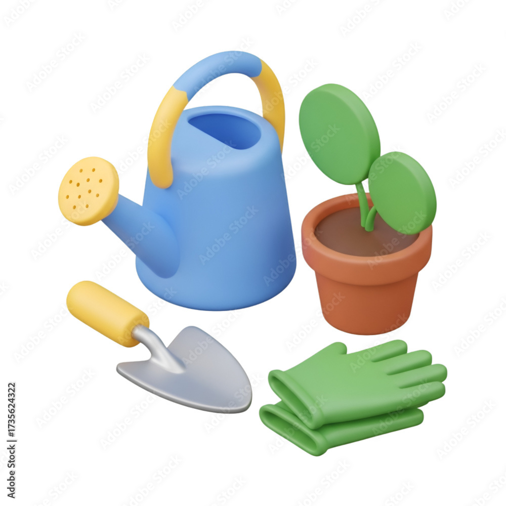Obraz premium Gardening tools, plant, and watering can isolated on transparent background
