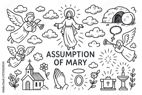 Illustration of the assumption of mary with angels, church, and religious symbols