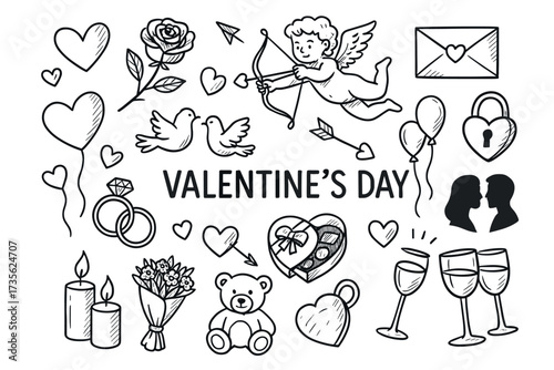 Valentine's day icons: cupid, hearts, doves, rings, gifts, and romantic symbols