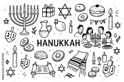 Hanukkah celebration doodles with menorah, dreidels, and family gathering