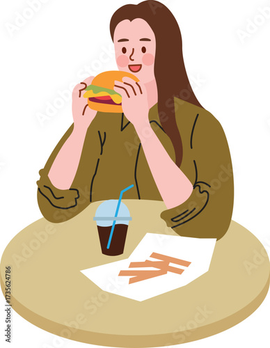 Woman Eating Burger at a Table
