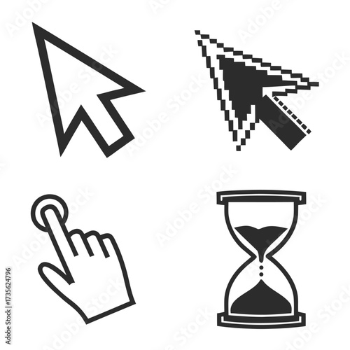 Four distinct cursor icons including a standard arrow, a pixelated arrow, a hand pointing, and an hourglass on a white background