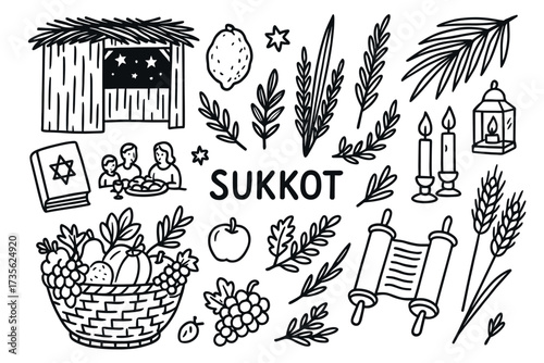 Sukkot symbols and traditions illustrated in black and white