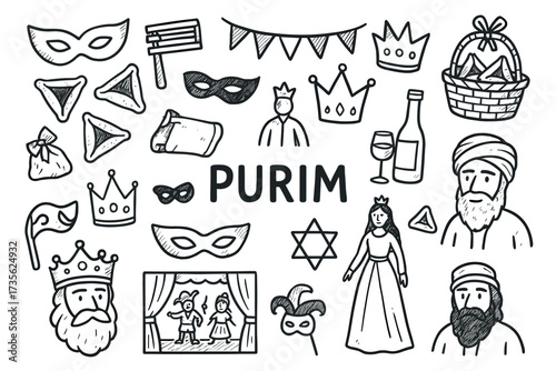 Purim festival icons: masks, crowns, hamantaschen, and carnival symbols